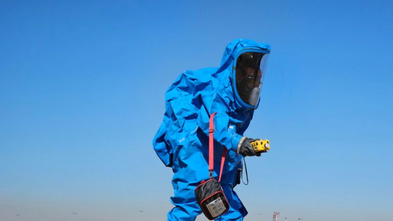 Protective hazmat suit worn by individual inspecting outdoors during daylight.