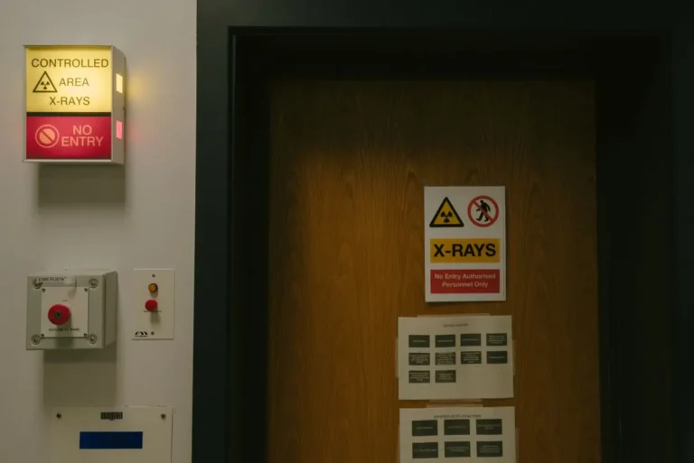 Warning signs on a wooden door indicating a controlled X-ray area with no entry restriction.